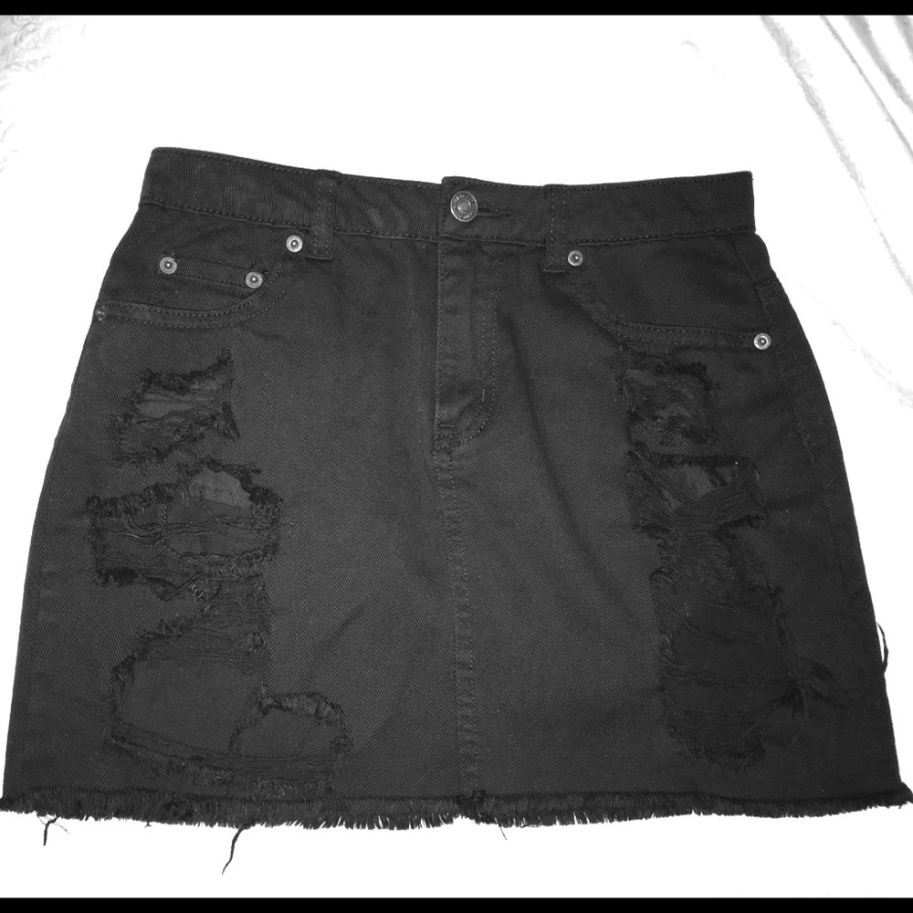 Black denim distressed skirt